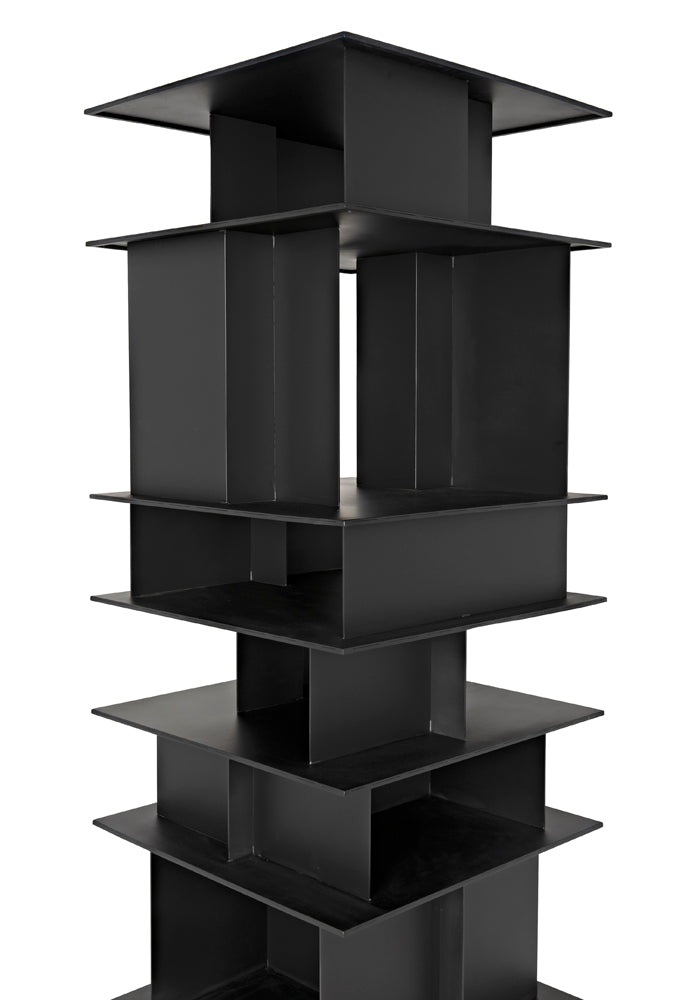 The Pisa Shelf, Black Iron features a modern matte black finish with open rectangular sections and horizontal tiers, offering a geometric design that seamlessly fits into contemporary spaces.