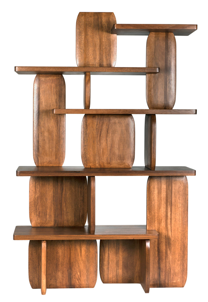 The Kilimanjaro Bookcase features asymmetrical shelves and rounded rectangular supports in modern dark walnut, offering a sculptural look with a rich, warm brown finish.