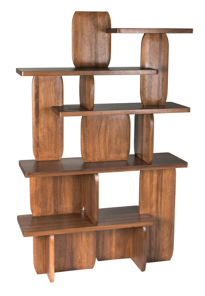 The Kilimanjaro Bookcase is a modern, geometric bookshelf with multiple asymmetrical shelves and vertical panels, featuring an abstract sculptural design in a warm brown finish.