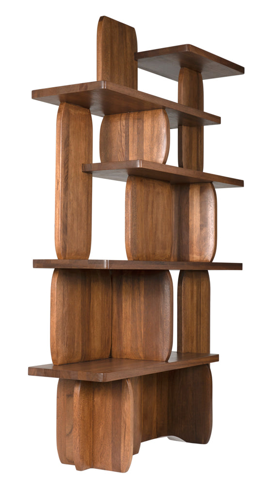 The Kilimanjaro Bookcase features a modern dark walnut finish with rounded, interlocking vertical and horizontal panels for a sculptural, geometric look. Its smooth polished wood makes it a unique statement piece for any space.