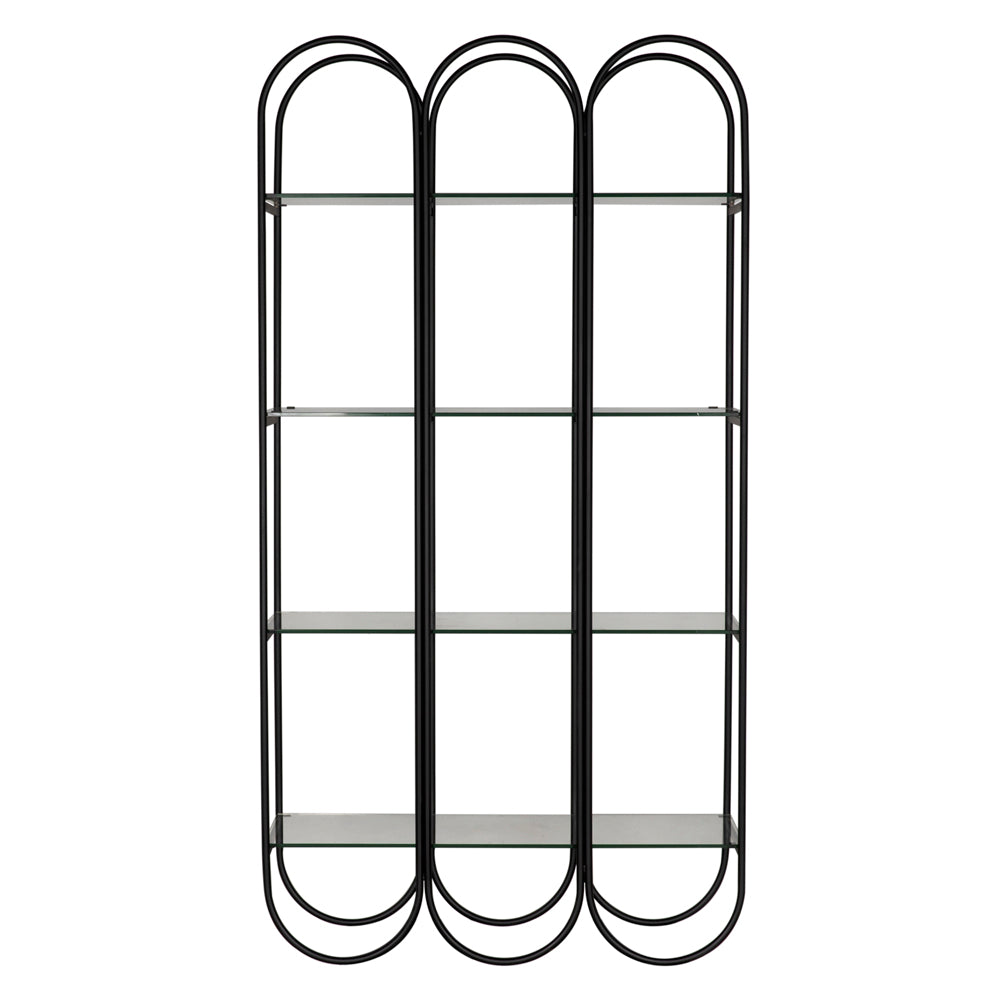 The Ulla Bookcase is a modern black steel and glass piece with three vertical sections, rounded arches, and three glass shelves per section—ideal for adding industrial style to contemporary interiors.