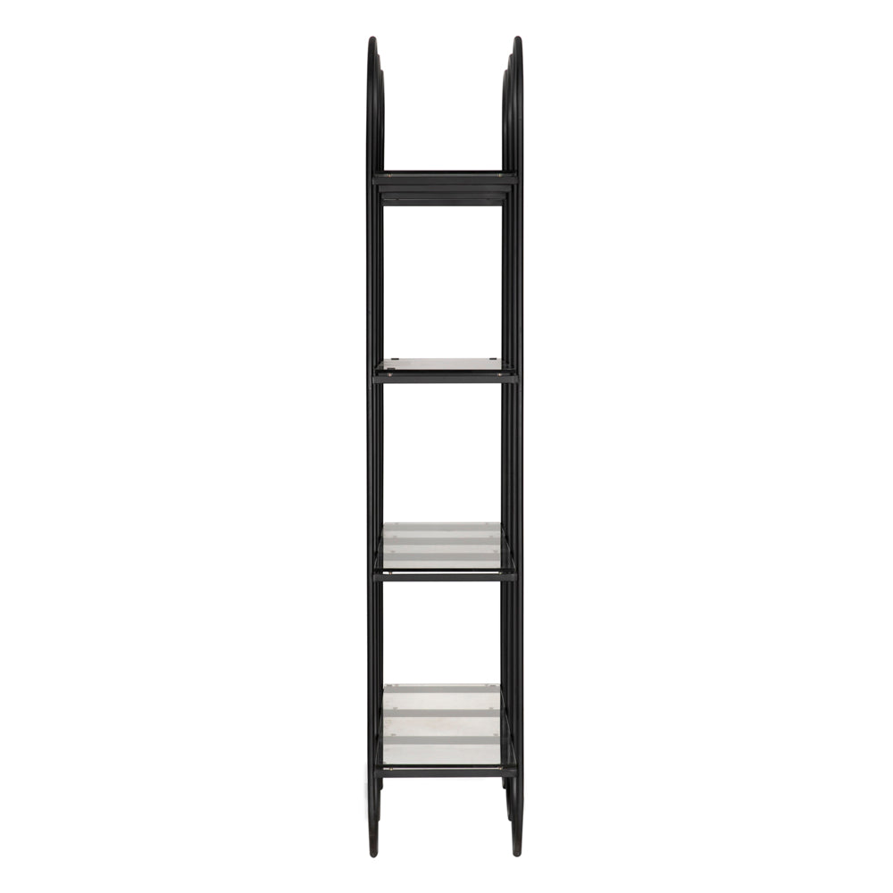 The Ulla Bookcase is a tall, narrow modern design with four glass shelves and a sleek black steel frame. It features curved edges at the top and bottom, shown from the front against a white background.