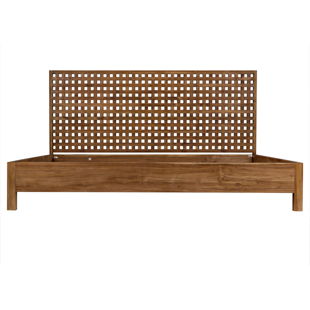 The Quinnton Bed, Eastern King, Teak features a simple, modern design with a grid headboard and natural wood finish.