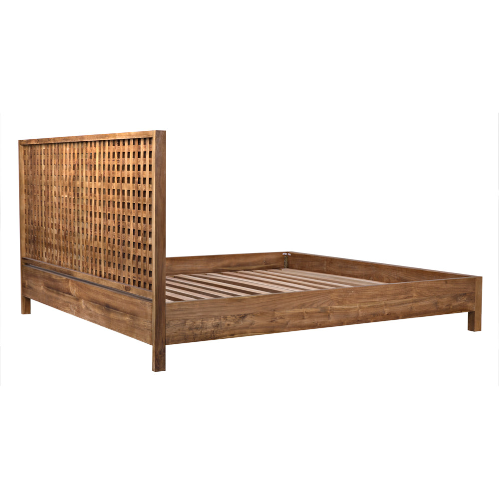 The Quinnton Bed, Eastern King, Teak features a tall grid headboard, simple side rails, and a natural wood finish. Shown on a white background, its frame includes horizontal slats for mattress support.