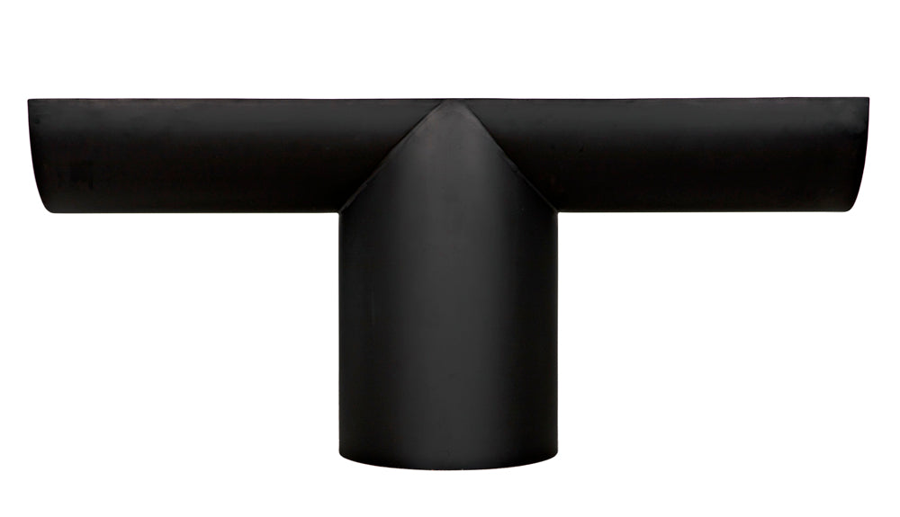 The T Console, Black Iron, is a handcrafted pipe fitting shaped like an upside-down T, featuring a cylindrical vertical section with a horizontal tube intersecting at the top—perfect for adding minimal style to modern decor.