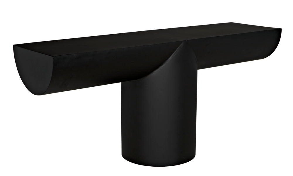 The T Console, Black Iron features a modern design with a handcrafted thick metal T shape, a rectangular top with rounded sides and minimal finish, all supported by a central cylindrical base.