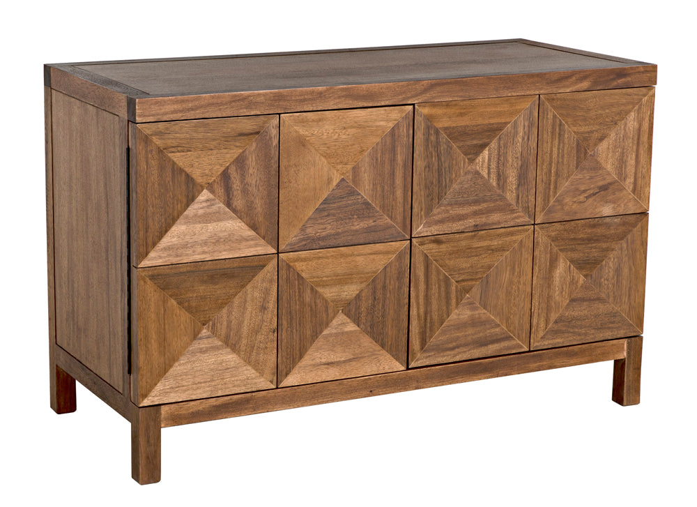 The Quadrant 2 Door Sideboard in dark walnut features two handcrafted, diamond-patterned geometric carved doors, a natural wood finish, and four short legs for an elegant look.