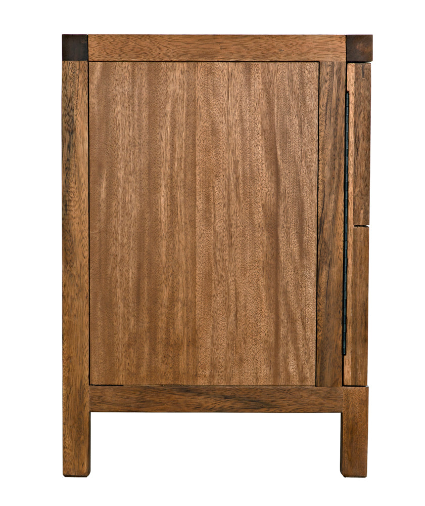 The Quadrant 2 Door Sideboard in dark walnut features a handcrafted rectangular design, natural wood grain finish, two doors, straight lines, and black vertical handles for a modern touch.