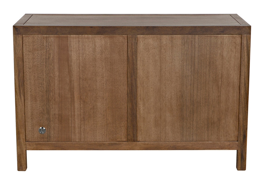 The Quadrant 2 Door Sideboard in dark walnut features a handcrafted, minimalist rectangular design with two plain doors—one fitted with a small round metal knob—and stands on four straight legs.