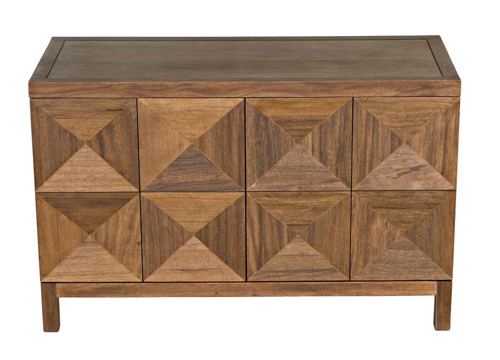 The Quadrant 2 Door Sideboard in Dark Walnut features a handcrafted design with geometric diamond-patterned carved doors and a natural wood finish, offering stylish storage with two elegant doors.