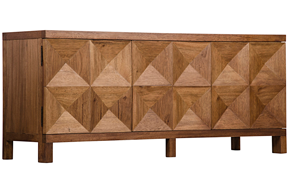The Quadrant 3 Door Sideboard in dark walnut features artisan-crafted, geometrically carved doors with a diamond pattern, a natural wood finish, and stands on six rectangular legs.