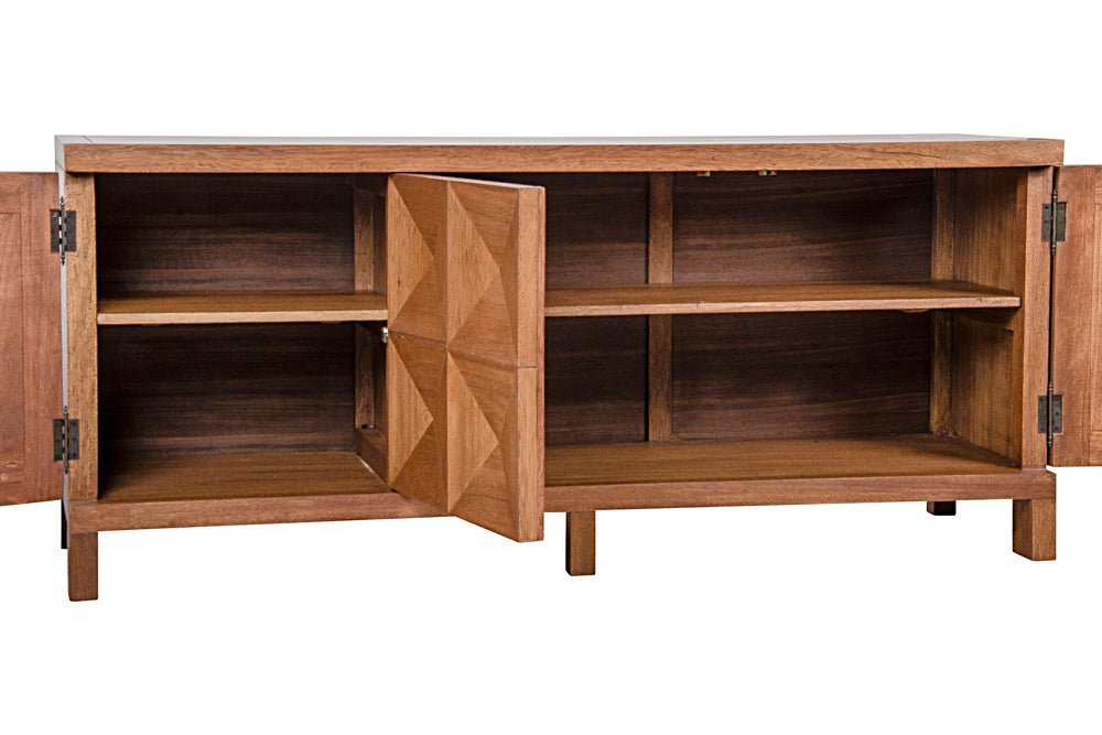 The Quadrant 3 Door Sideboard in dark walnut features four legs, two open doors revealing an interior shelf, and geometrically carved fronts. Its warm, medium brown finish adds timeless appeal to this artisan-crafted piece.
