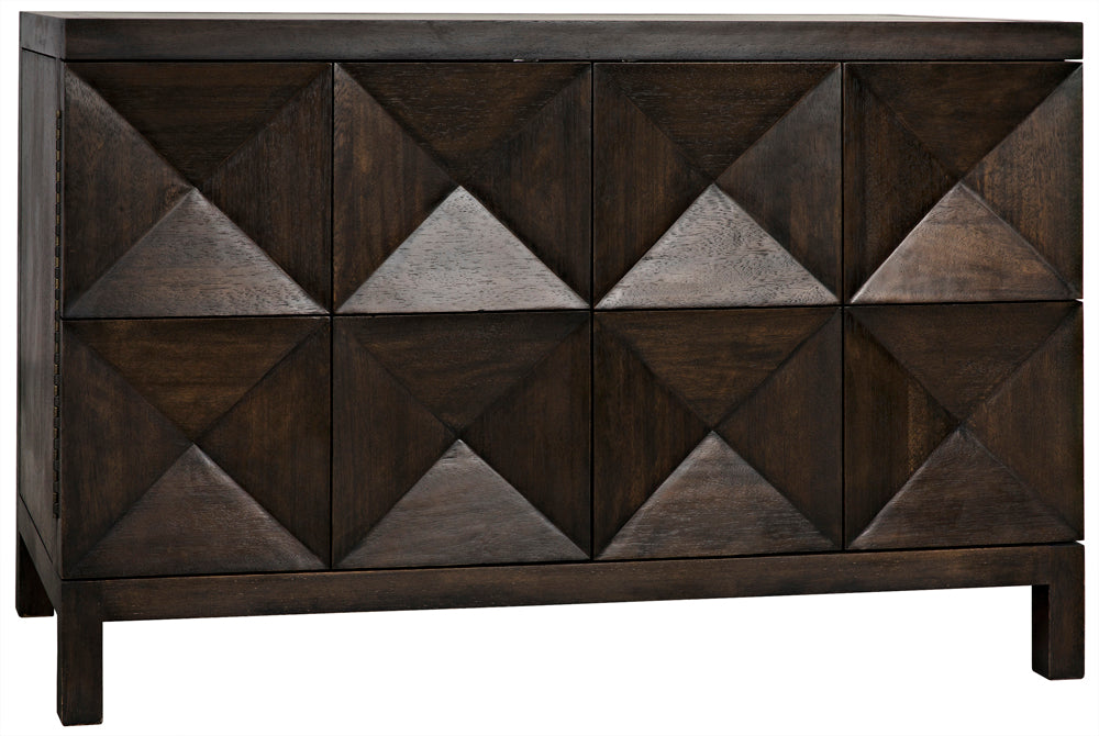 The Quadrant 2 Door Sideboard in Ebony Walnut features handcrafted, geometric diamond-patterned front doors and stands on four short legs.