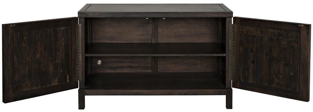 The Quadrant 2 Door Sideboard in Ebony Walnut features handcrafted geometric doors, a central shelf, and a rear circular opening for cable management.