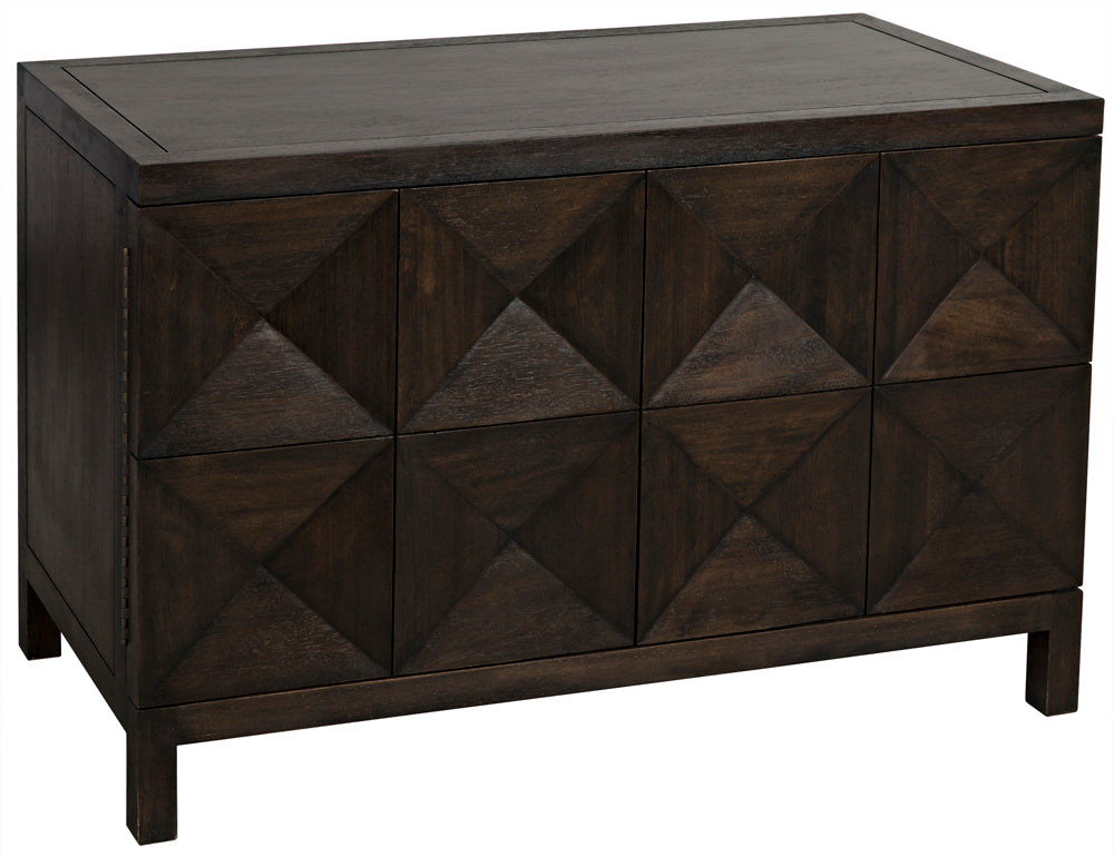 The Quadrant 2 Door Sideboard in ebony walnut features handcrafted geometric diamond-patterned doors, a smooth surface, short rectangular legs, and a modern minimalist design.