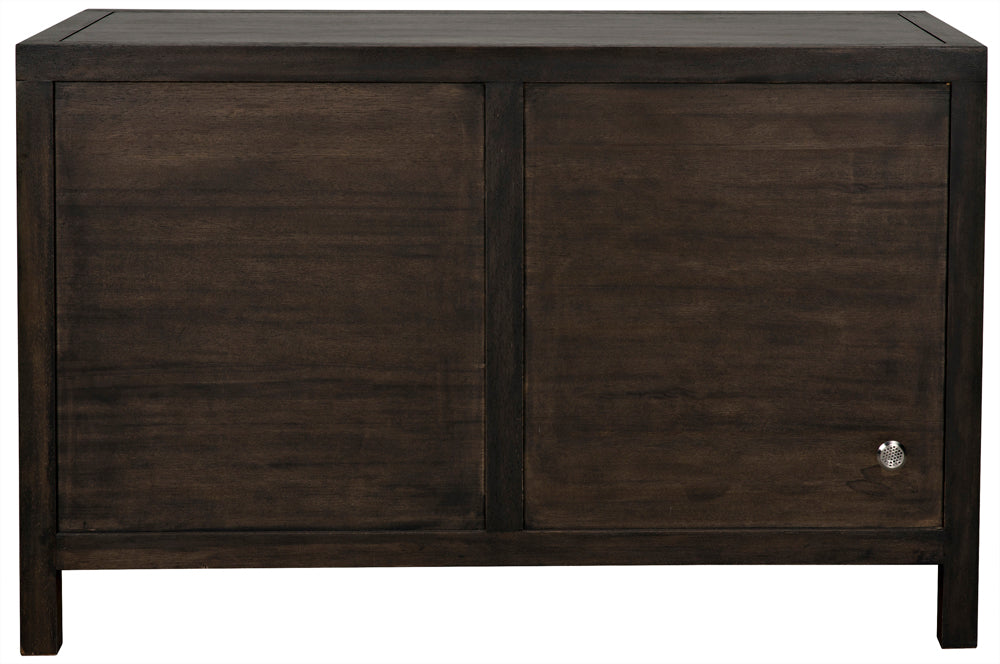The Quadrant 2 Door Sideboard in Ebony Walnut features a handcrafted geometric design with two doors, a simple rectangular shape, and a small round metallic knob on the lower right corner.