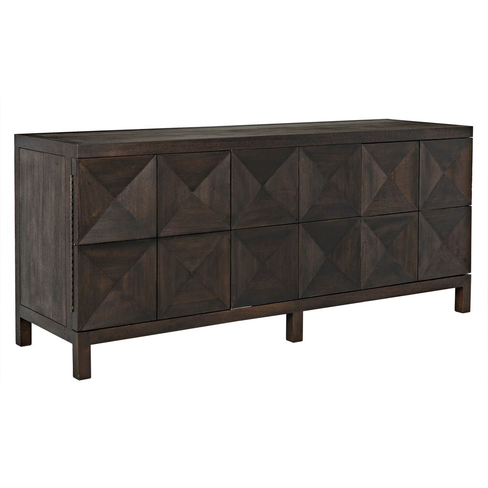 The Quadrant 3 Door Sideboard in Ebony Walnut features a modern dark wood look, geometrically carved diamond-pattern doors, three cabinet doors, and stands on short square legs.