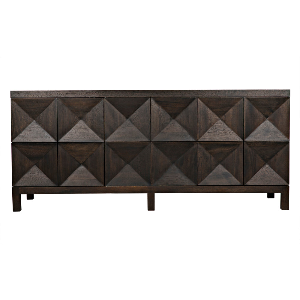 The Quadrant 3 Door Sideboard in Ebony Walnut features a rectangular shape, geometrically carved doors with a raised pyramid pattern on the front panels, and simple straight legs.