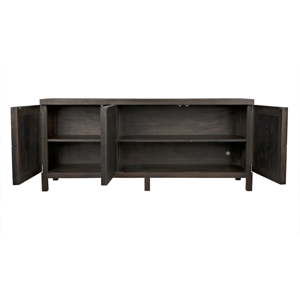 The Quadrant 3 Door Sideboard in Ebony Walnut features geometrically carved doors that open to reveal two spacious shelves. Artisan-crafted with a modern design, it stands on four short legs and has an elegant ebony finish.