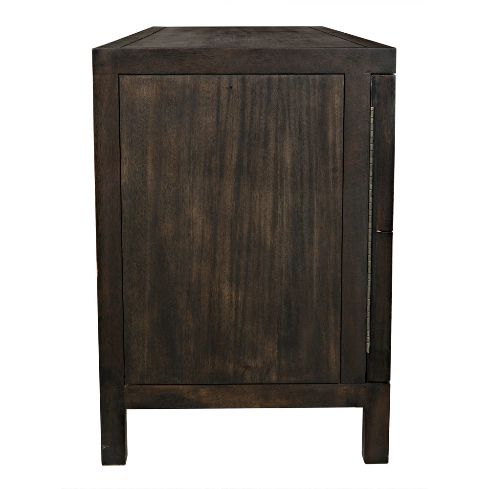 The Quadrant 3 Door Sideboard in Ebony Walnut is seen from the side, featuring an ebony finish, flat rectangular panel, vertical right-hand handle, and four straight legs.