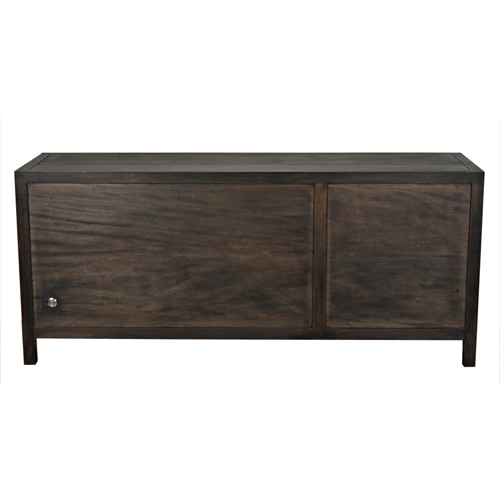 The Quadrant 3 Door Sideboard in ebony walnut is a rectangular, artisan-crafted dark wood storage piece with a flat top, three front doors, and small round metal knobs.