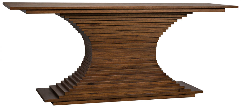 The Cambio Console in Dark Walnut features a rectangular top and base with a sculptural, layered central support that curves inward, forming a geometric hourglass shape for a modern, visually striking look.