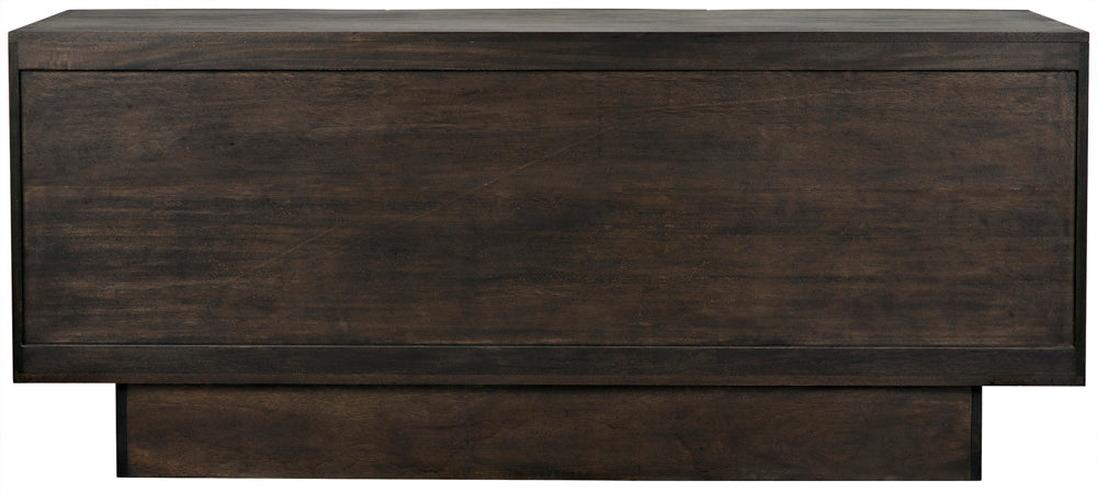 The Drake Sideboard in Ebony Walnut boasts a rectangular, minimalist design with dark wood finish, sophisticated storage, and no visible handles or hardware.