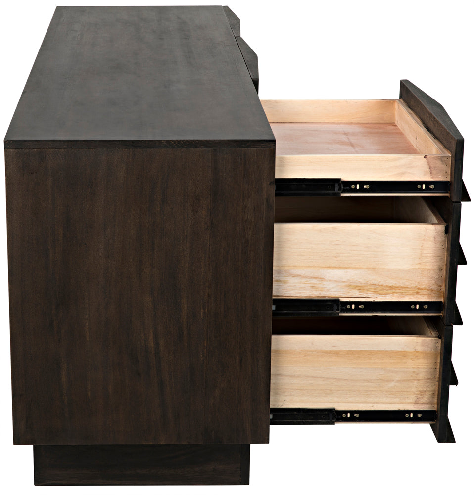 The Drake Sideboard, Ebony Walnut, is shown from the side with three light drawers partially open to reveal elegant storage. Its smooth, rectangular top enhances the refined appearance of this sophisticated piece.