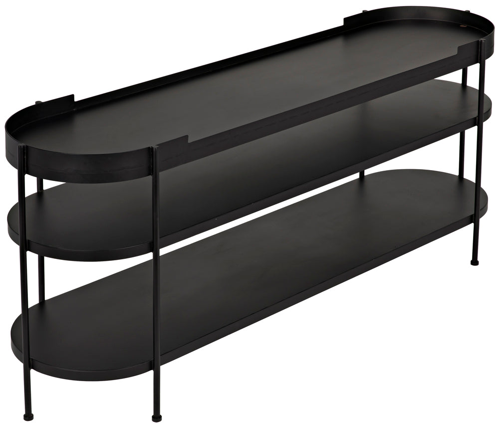 The Cassio Console in black iron features three oval shelves with raised edges on the top, slim metal legs, and a modern mid-century-inspired design—an elegant, contemporary storage solution.