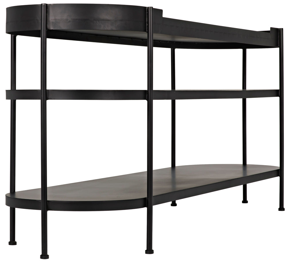 The Cassio Console in black iron features three tiers, rounded edges, and slender legs—shown from the side against a white background—a striking example of contemporary shelving.