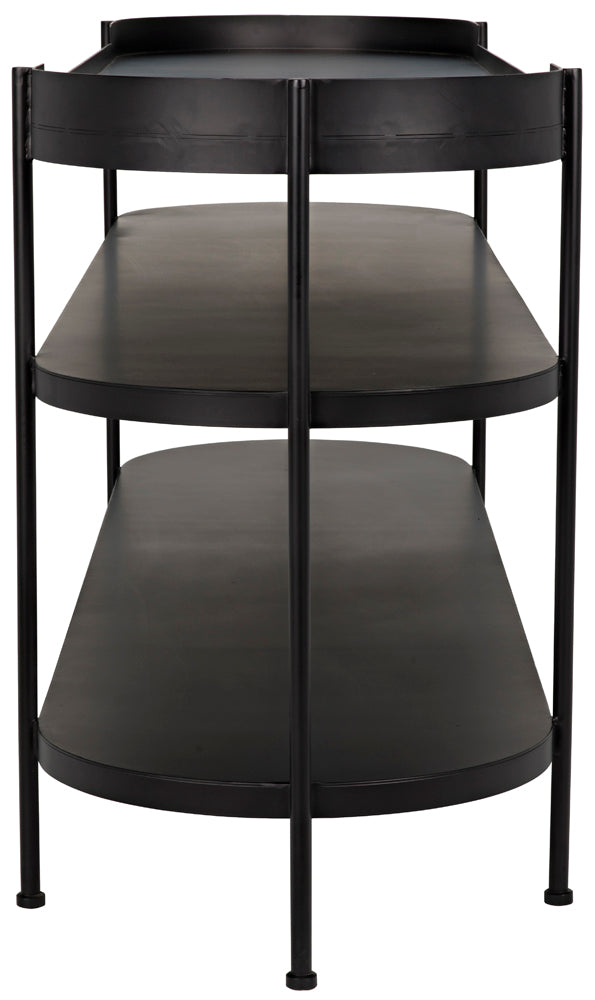 The Cassio Console in black iron is a three-tier shelf with rounded edges and four vertical legs, shown front-facing on a white background—an ideal contemporary shelving solution for any space.