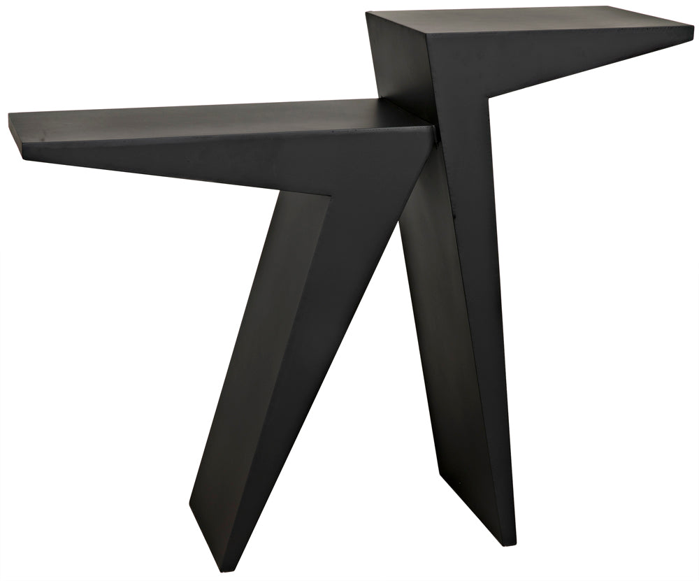 The Steam Console, Black Iron, is a modern, handcrafted piece with two angular legs and a uniquely shaped top that creates a geometric, sculptural look.