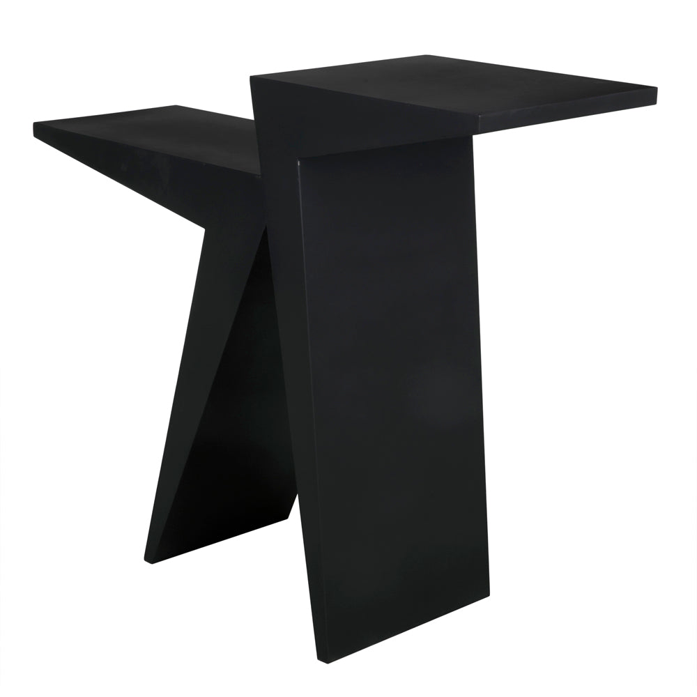The Steam Console, Black Iron is a modern side table with an abstract geometric design featuring angled and intersecting flat metal panels.