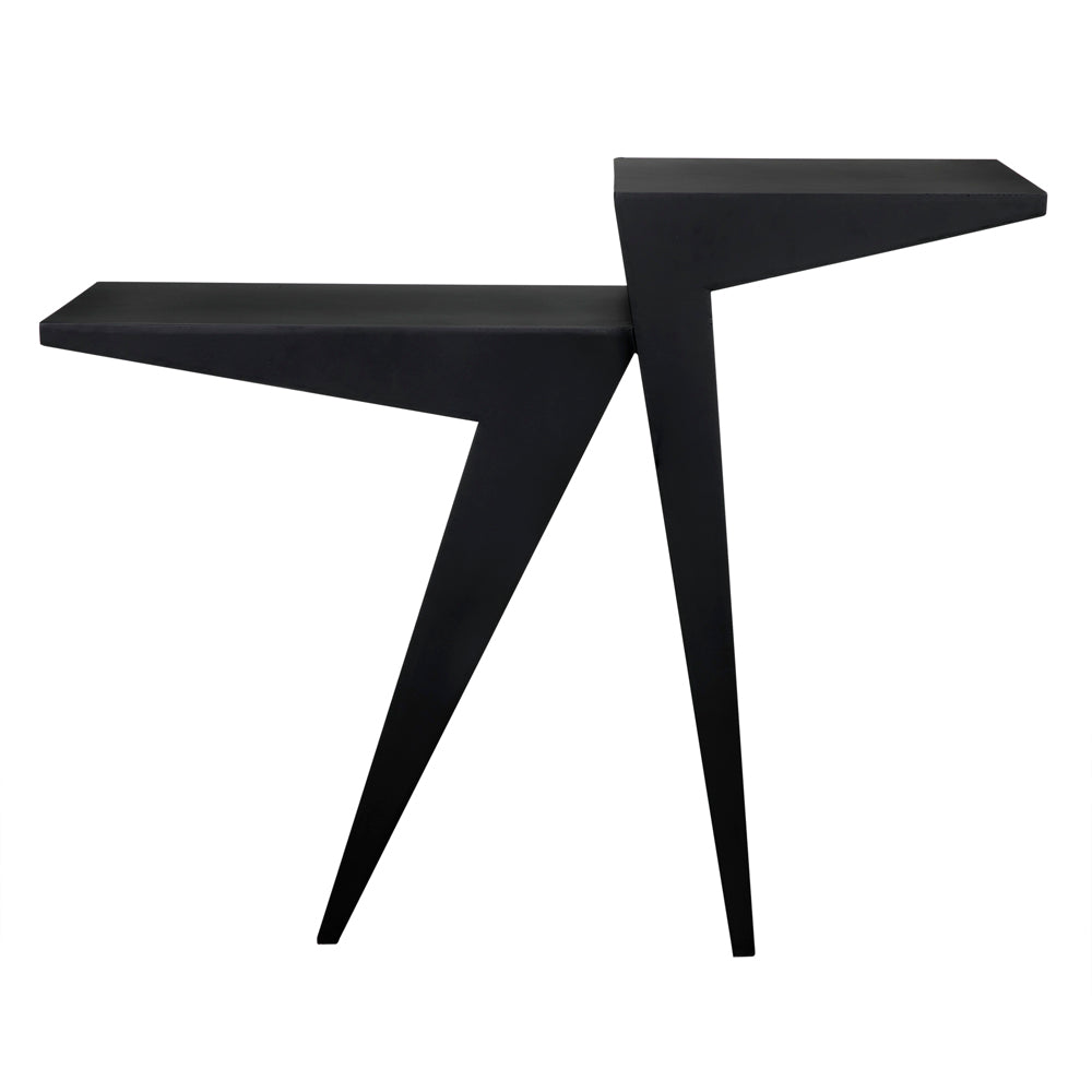 The Steam Console in black iron features handcrafted, geometric surfaces and angled legs for a sculptural, modern look—ideal as a contemporary console in stylish interiors.