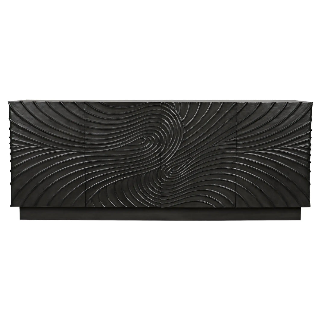 The Black Mahogany Sideboard measures 80W x 22D x 32H and showcases a swirling textured front that adds movement and depth. Its modern, abstract design features a matte finish and sleek, rectangular silhouette.