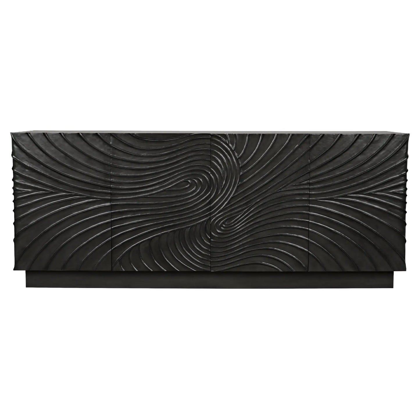 The Black Mahogany Sideboard measures 80W x 22D x 32H and showcases a swirling textured front that adds movement and depth. Its modern, abstract design features a matte finish and sleek, rectangular silhouette.