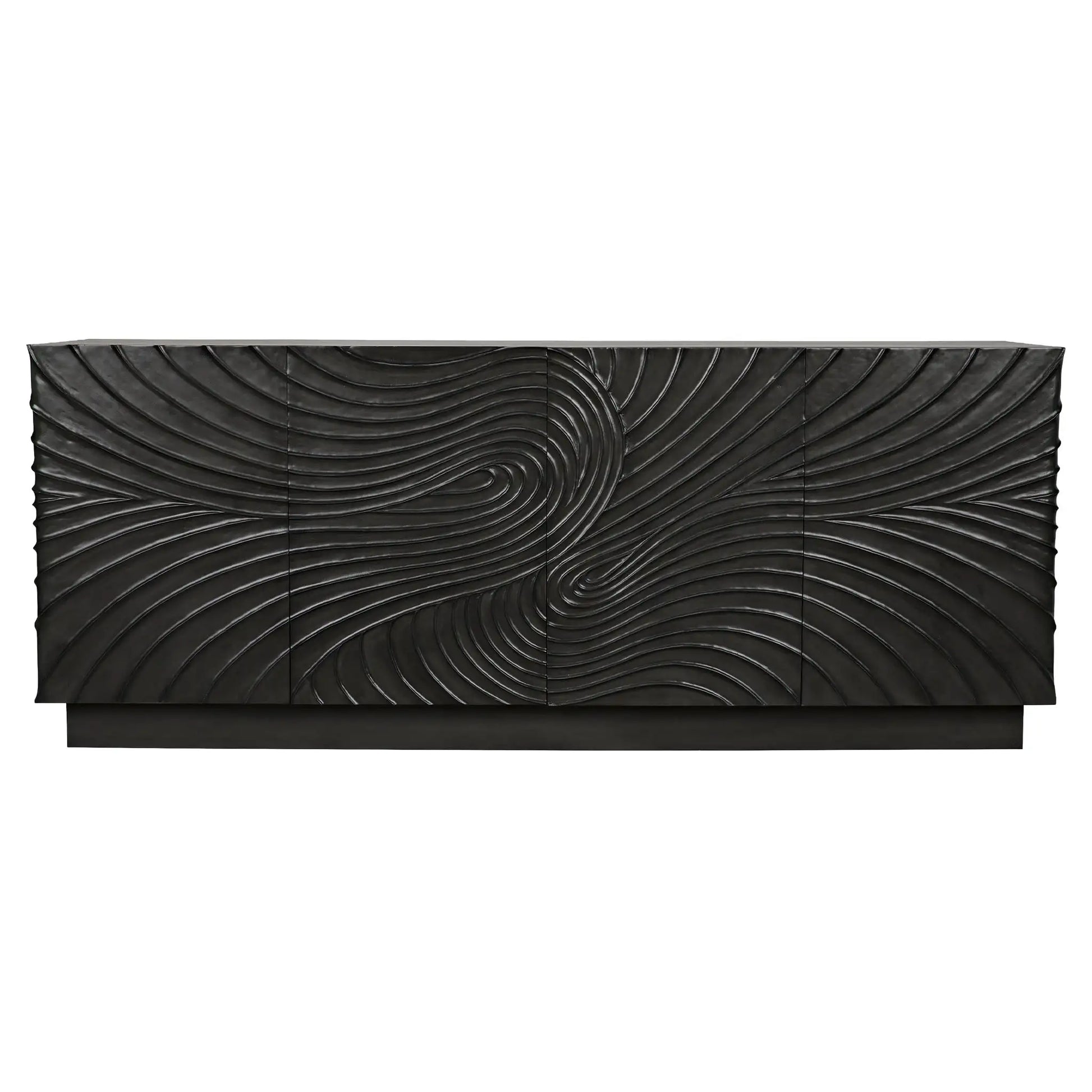 The Black Mahogany Sideboard measures 80W x 22D x 32H and showcases a swirling textured front that adds movement and depth. Its modern, abstract design features a matte finish and sleek, rectangular silhouette.