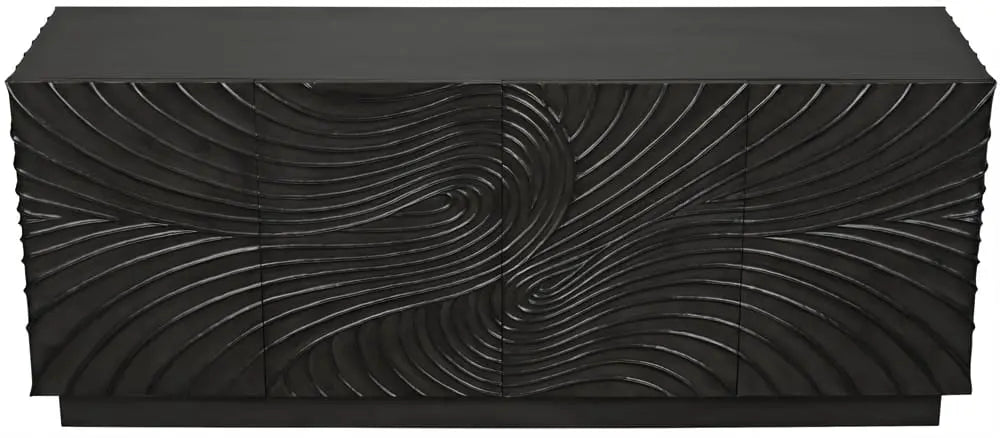 The Black Mahogany Sideboard features a modern textured front with wave-like patterns across four cabinet doors, pairing perfectly with an 80-inch desk to elevate any stylish office space.