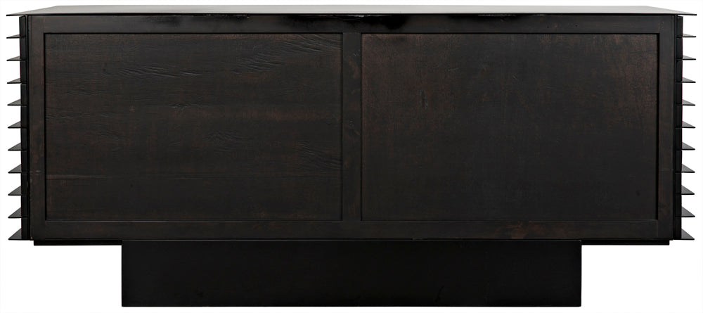 The Elevation Sideboard features a modern rectangular design in ebony walnut with iron accents, two sliding doors, horizontal side slats, and sits on a solid black base.