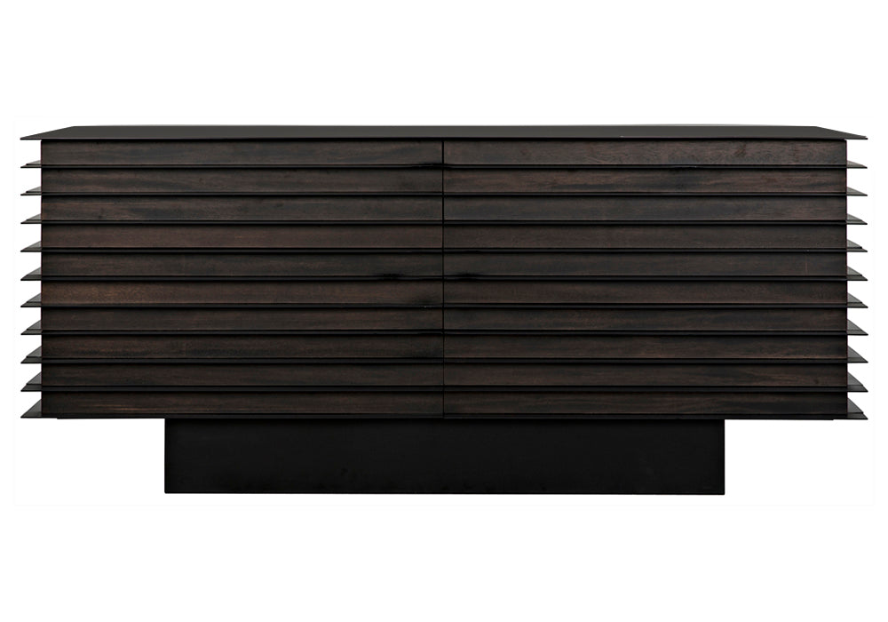 The Elevation Sideboard in Ebony Walnut with Iron features hand-carved horizontal drawer slats, four spacious drawers, and a wide rectangular base. Its sleek, minimalist design highlights clean lines and expert craftsmanship.