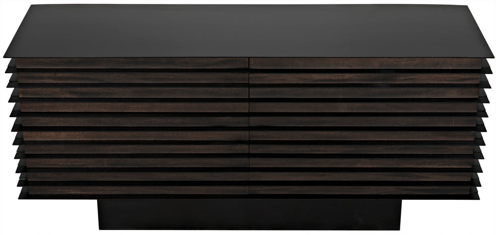 The Elevation Sideboard in ebony walnut with iron features modern horizontal wooden slats and a solid rectangular base, offering a sleek, handcrafted look inspired by contemporary design.