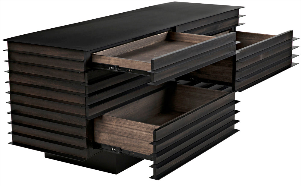 The Elevation Sideboard in Ebony Walnut with Iron features a modern design, horizontal slats, and three open drawers for spacious storage, combining artisanal craftsmanship with sleek contemporary style.