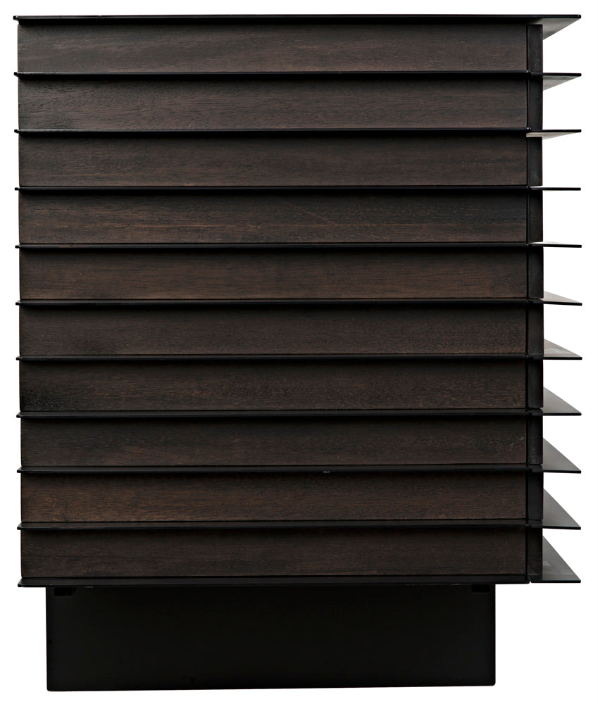 The Elevation Sideboard features ebony walnut with iron, wide horizontal slats, and a sleek, minimalist design. Photographed from the front against a plain background.