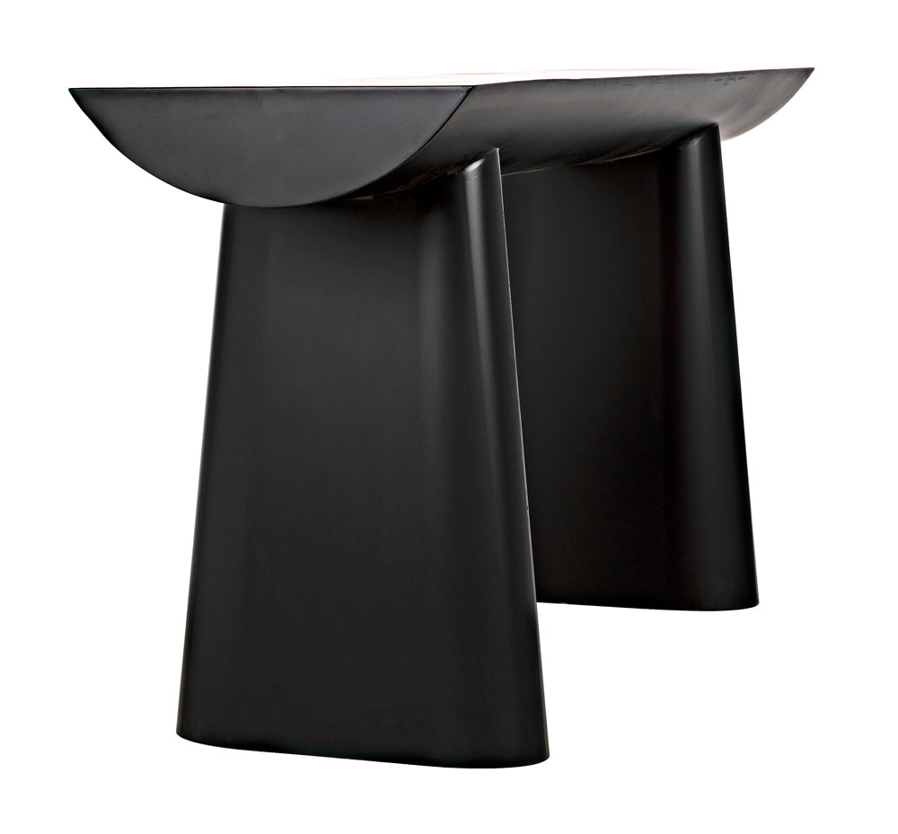 The Winston Console, Black Metal, features a modern semi-circular top and two wide, tapering legs. Its minimalist sculptural design gives this console table an artistic, contemporary style.