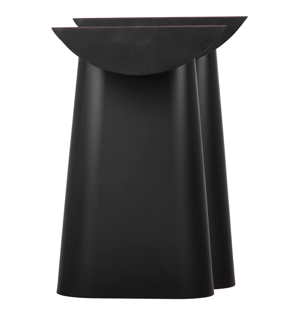 Two modern Winston Console black metal side tables with tapered cylindrical bases and semi-circular tops, positioned slightly overlapping each other against a white background.