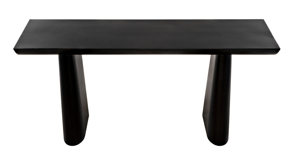 The Winston Console in black metal features a sleek design with sturdy legs.
