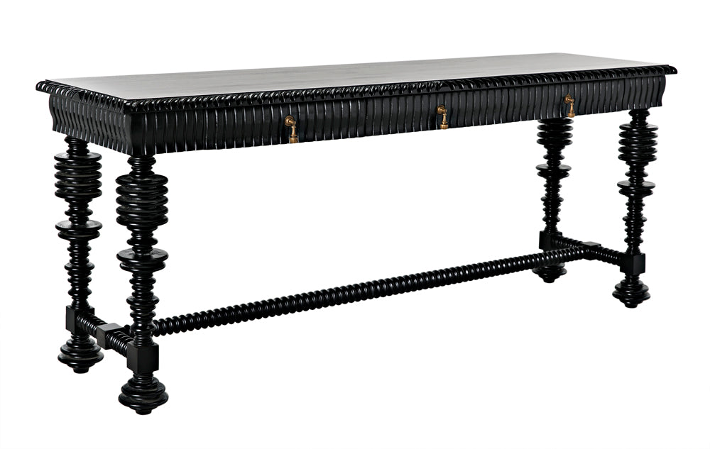 The Portuguese Console in hand rubbed black features intricate spool-turned legs and edges, two brass-handled drawers, and a narrow rectangular top.