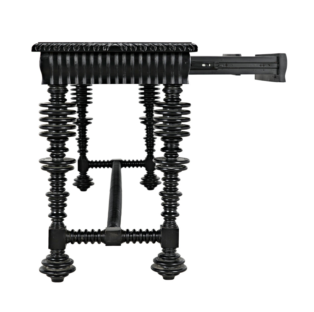 The Portuguese Console in Hand Rubbed Black features intricately turned spool legs, a textured apron, and a side view with a small right-side drawer partially open.