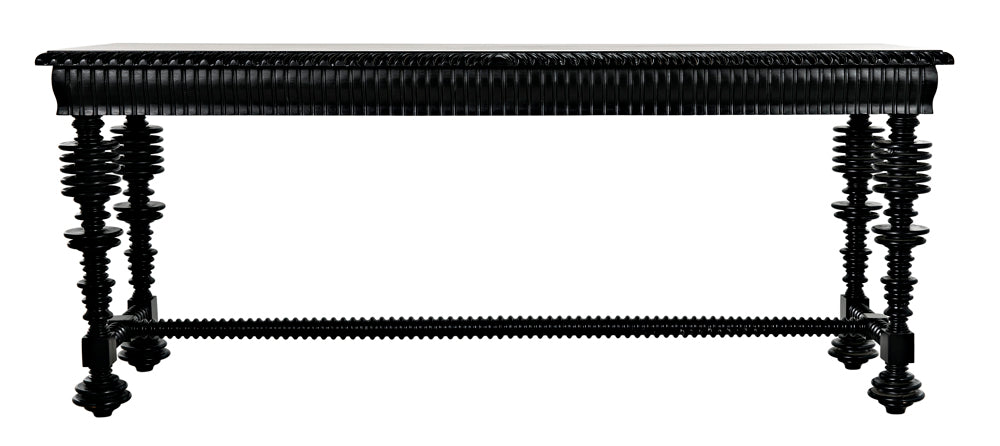 The Portuguese Console, Hand Rubbed Black, features a rectangular top, intricately turned spindle legs inspired by spool turning, decorative carved edges, and connecting support bars for added detail.