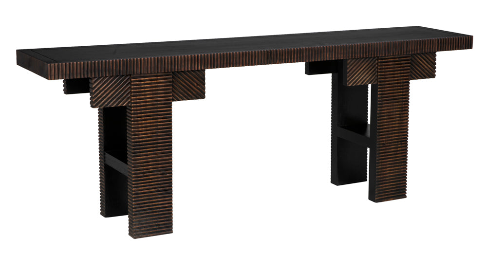 The Nabu Console features a hand rubbed black finish with light brown trim, a rectangular top, and four legs with grooved, textured patterns for a geometric, architectural style—perfect as a stylish mid-century display shelf.